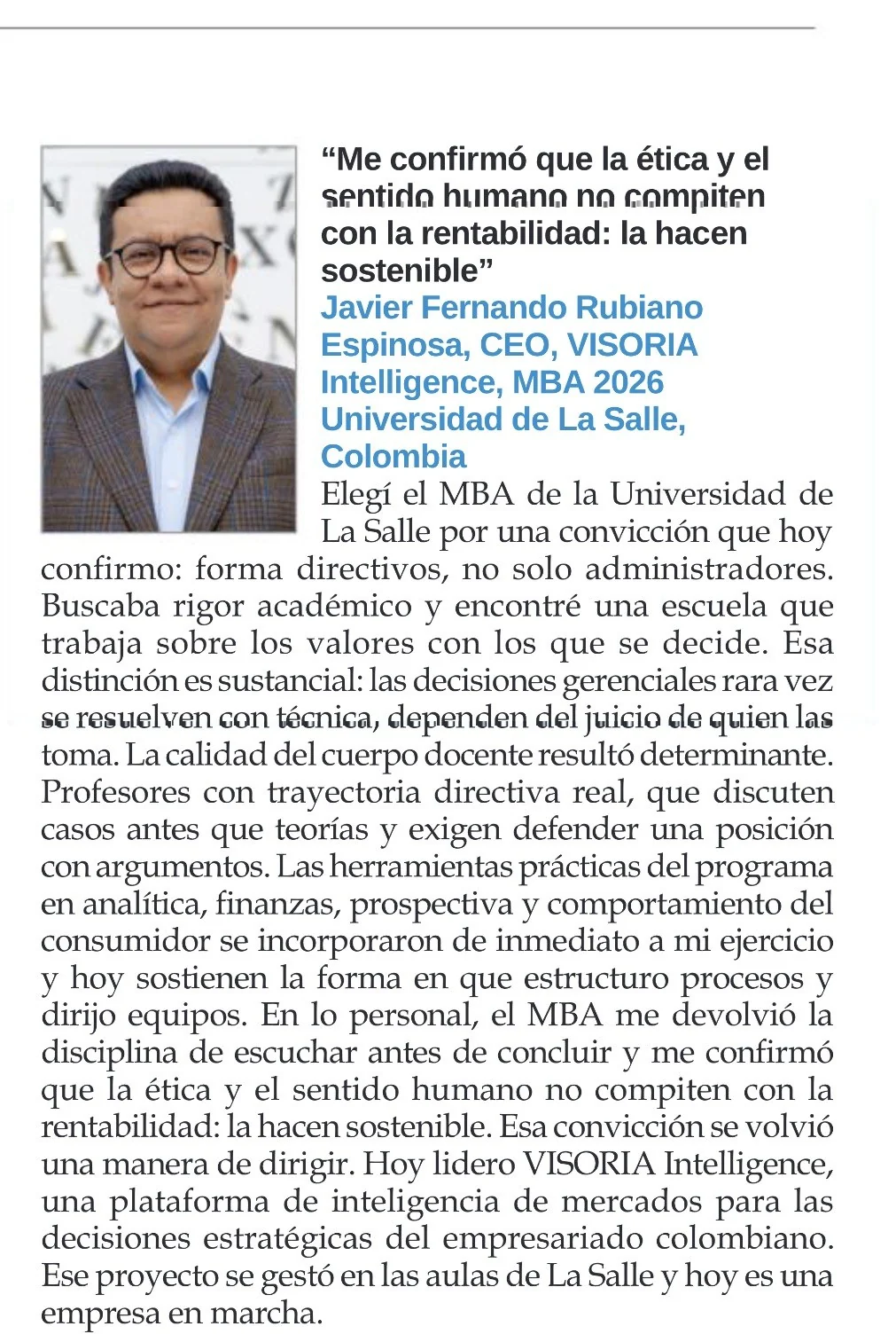Página de la entrevista a Javier Fernando Rubiano Espinosa en la revista MBA, con su foto y el titular sobre la ética y la rentabilidad